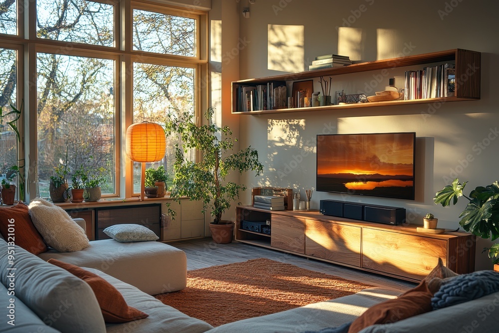 Serene Modern Scandinavian Living Room with Light Wood Shelving and Earth-Toned Accents Serene Modern Scandinavian Living Room with Light Wood Shelving and Earth-Toned Accents