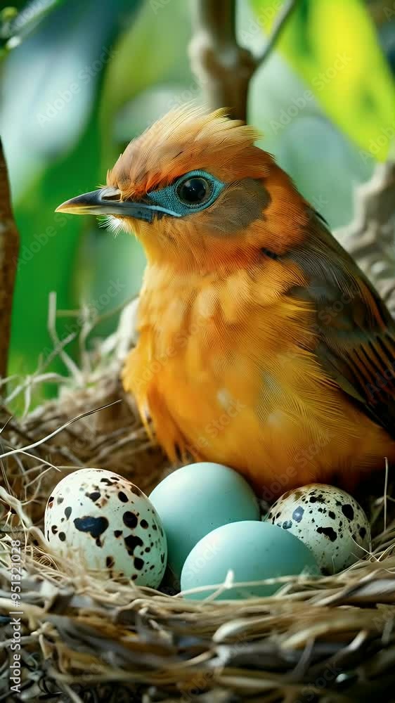 A vibrant bird sitting in a nest with speckled and blue eggs. Stock ...