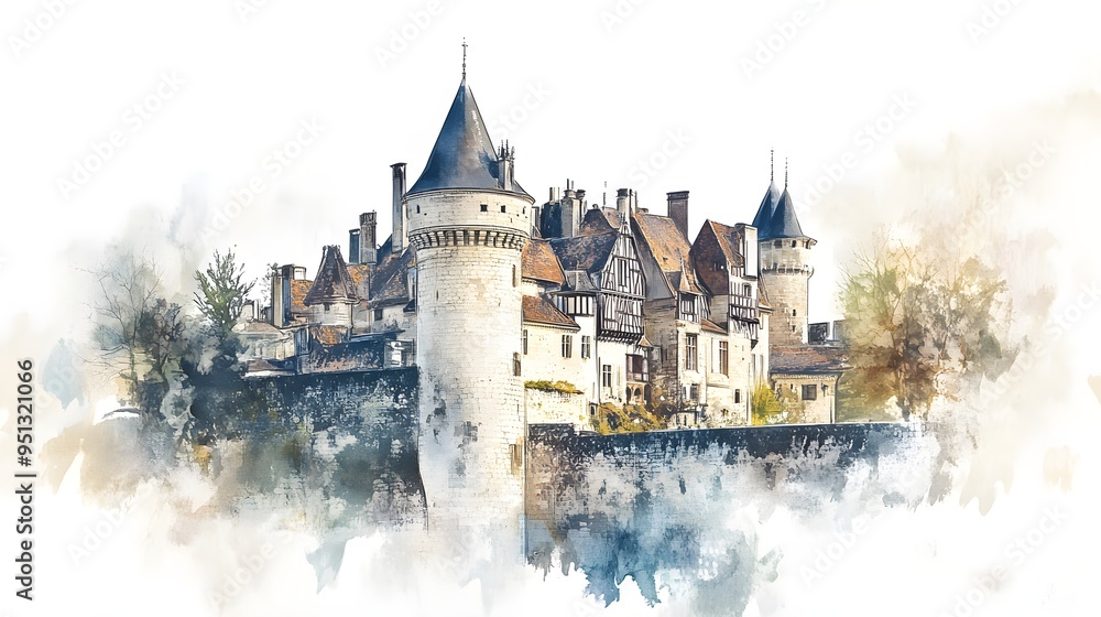 A soft watercolor depiction of a medieval French castle, highlighting its picturesque setting and timeless appeal. The white background enhances the castle's historic charm, making it the focal A soft watercolor depiction of a medieval French castle, highlighting its picturesque setting and timeless appeal. The white background enhances the castle's historic charm, making it the focal
