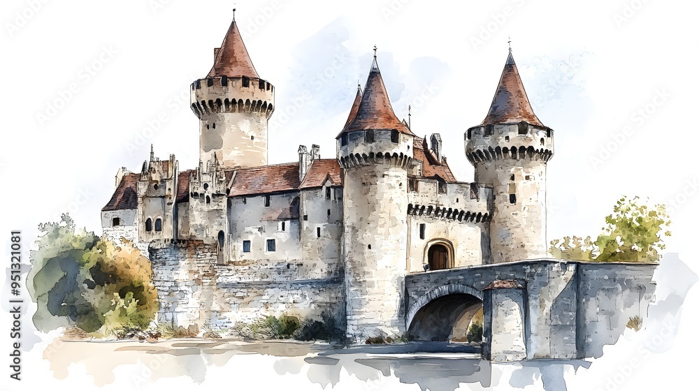 A soft watercolor depiction of a medieval French castle, highlighting its picturesque setting and timeless appeal. The white background enhances the castle's historic charm, making it the focal A soft watercolor depiction of a medieval French castle, highlighting its picturesque setting and timeless appeal. The white background enhances the castle's historic charm, making it the focal