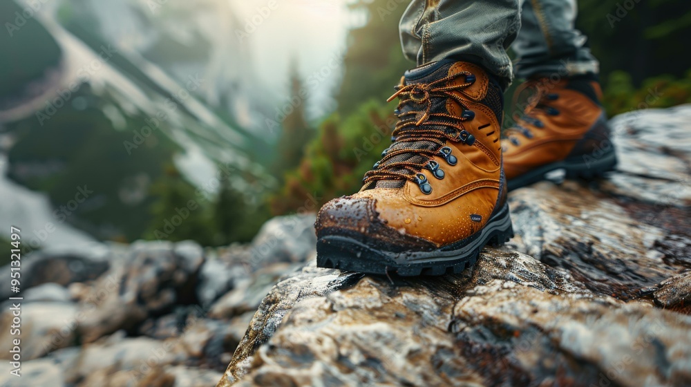 Hiking Boots On Mountain Rock Closeup Hiking Boots On Mountain Rock Closeup