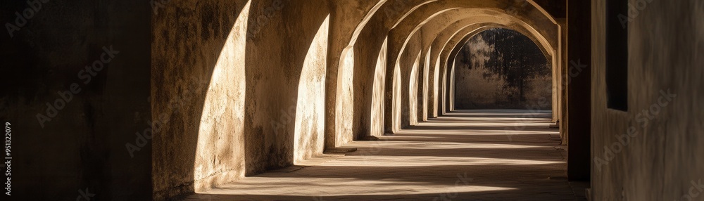 Naklejka premium Sunlit Arched Corridor with Shadows in an Ancient Stone Building