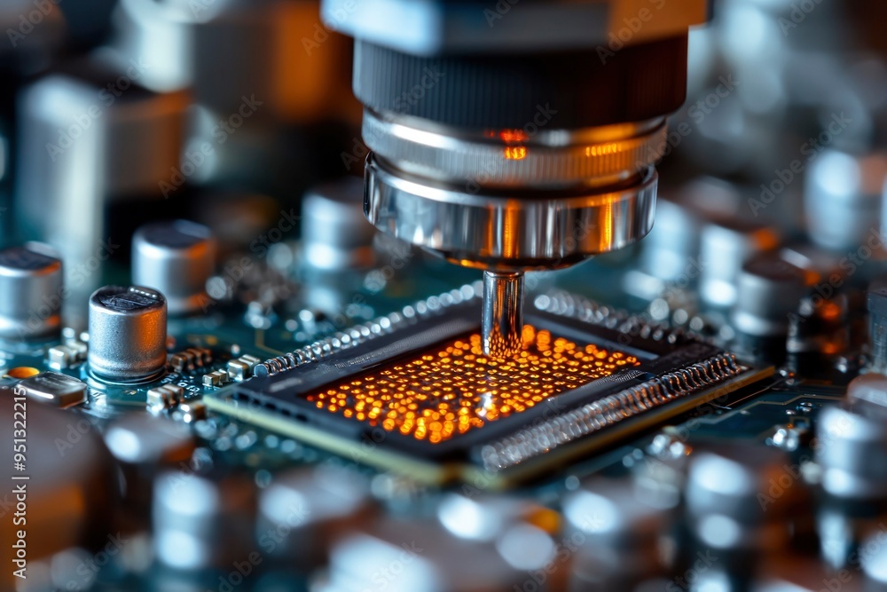 Closeup of a Microchip Being Assembled by a Machine Closeup of a Microchip Being Assembled by a Machine