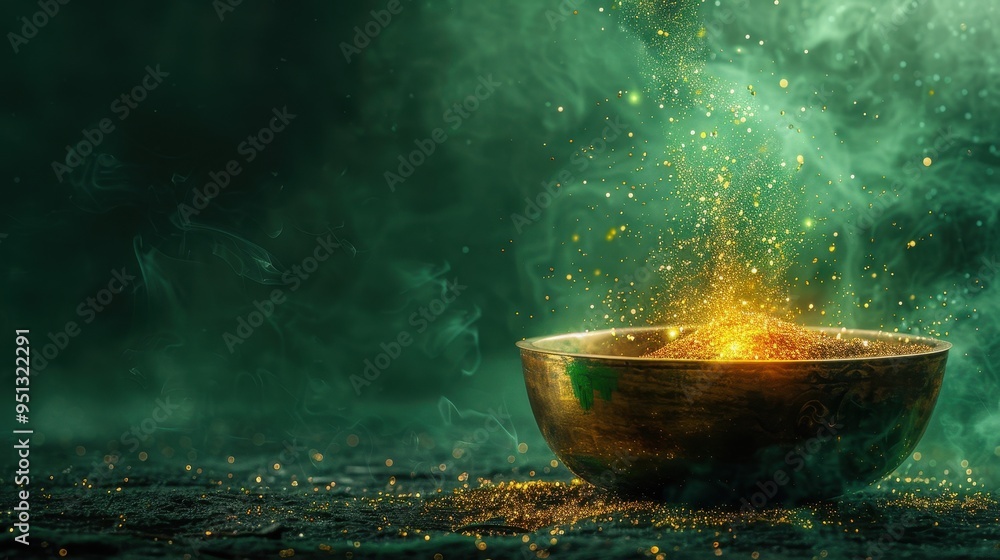Golden Dust Rising from a Bowl with Green Smoke Background Golden Dust Rising from a Bowl with Green Smoke Background