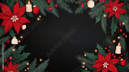 Christmas party invitation on a chalkboard, handdrawn elements, festive typography, rustic vintage style, red and green accents, candlelight glow