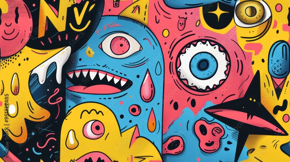 Fototapeta premium Abstract Colorful Graffiti Wall Art with Cartoon Eyes and Mouths