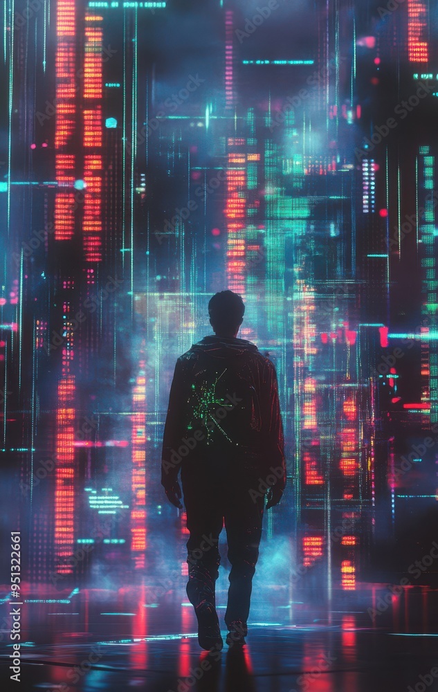 A man stands in front of a cityscape with a glowing, neon background A man stands in front of a cityscape with a glowing, neon background