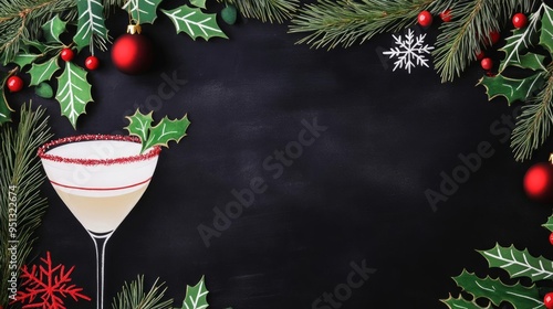 Chalkboard with holiday cocktail recipes, handdrawn style, festive borders, vintage rustic look, white chalk with red and green accents