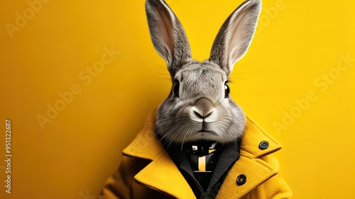 Trendy Rabbit in an Elegant Reflective Coat: A Whimsical Yet Sophisticated Poster for Sporty Interiors on a Bold Yellow Background photo