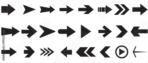  Arrow icon set. Mega bundle set. Collection different arrows sign. Arrow icon vector set. Contains symbol of various arrow head point shape, play, pause, next button symbol. Vector illustration.