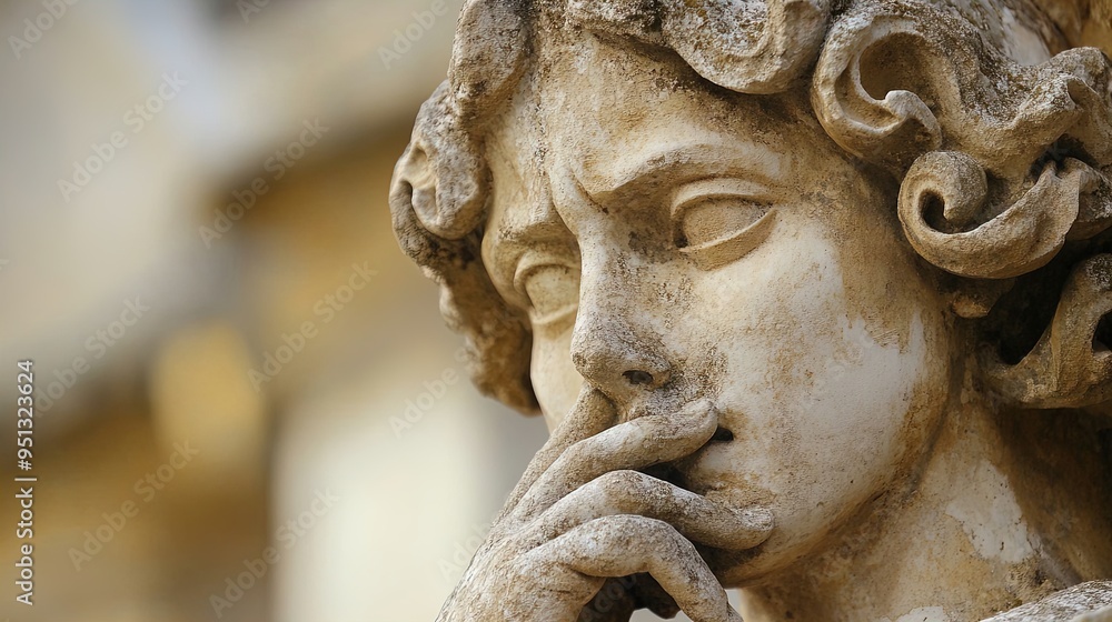 Thoughtful Stone Sculpture: A Weathered Masterpiece for Your Sports Interior Décor - Captivating Figure with Intricate Curls in an Ancient Architectural Setting Thoughtful Stone Sculpture: A Weathered Masterpiece for Your Sports Interior Décor - Captivating Figure with Intricate Curls in an Ancient Architectural Setting