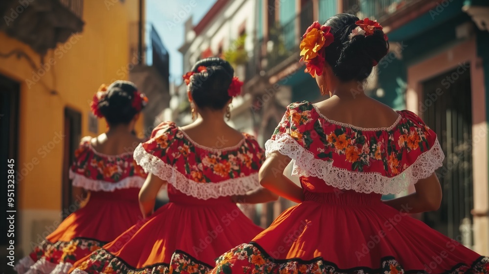 Naklejka premium A vibrant group of Mexican women in traditional floral-patterned red and orange dresses, dancing joyfully on a lively street surrounded by colorful buildings. The close-up captures the intricate textu