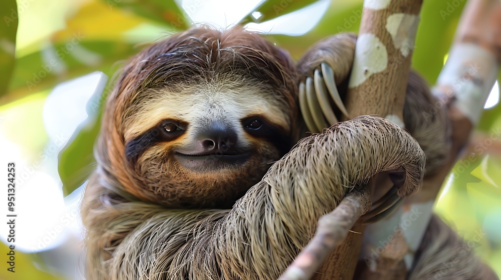 A sloth displaying its unparalleled calmness by casually clinging from a tree branch A sloth displaying its unparalleled calmness by casually clinging from a tree branch