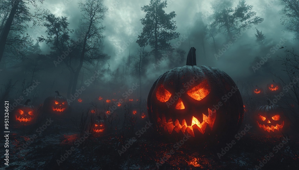 Fototapeta premium A dramatic Halloween scene featuring glowing pumpkins in a foggy forest, perfect for spooky events and themed decor, with copy space.