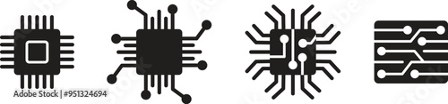 Collection of digital chip processor set icons. Computer circuit board. Vector Illustration