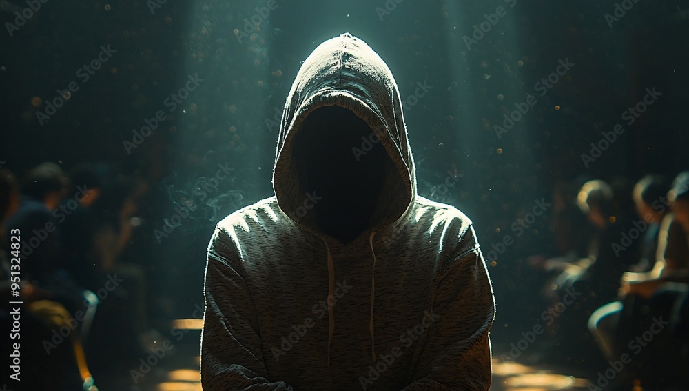 A mysterious silhouette in a hoodie against a dark background, ideal for Halloween-themed designs or spooky events, with copy space. A mysterious silhouette in a hoodie against a dark background, ideal for Halloween-themed designs or spooky events, with copy space.