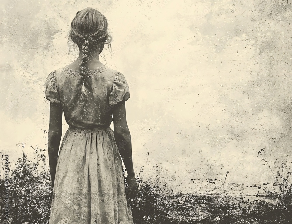 Naklejka premium A spooky ghostly girl in a vintage dress, perfect for Halloween-themed designs and eerie atmospheres with copy space.
