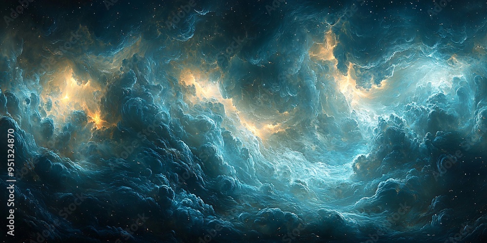 Obraz premium A dramatic night sky with swirling clouds in shades of black, blue, and dark teal, perfect for Halloween-themed designs, with copy space.