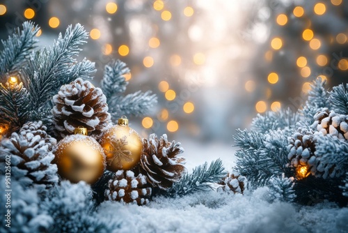 Winter wonderland scene with snow-covered pine branches, pinecones, and sparkling ornaments illuminated by warm lights.