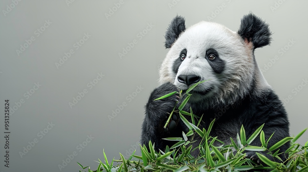 Obraz premium Giant panda eating bamboo on a white background