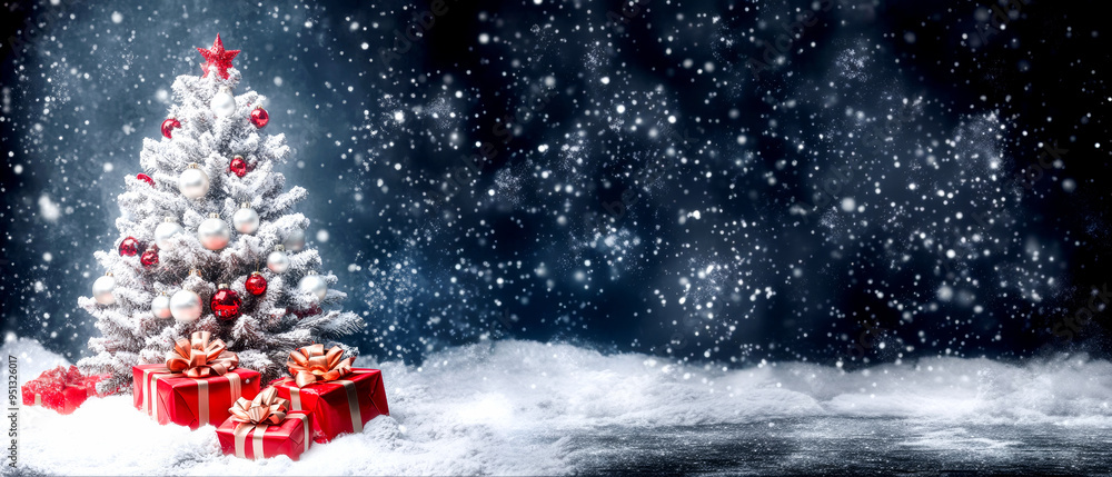 A beautifully lit Christmas tree covered in snow, standing alone in a serene winter landscape during a peaceful snowfall. A beautifully lit Christmas tree covered in snow, standing alone in a serene winter landscape during a peaceful snowfall.