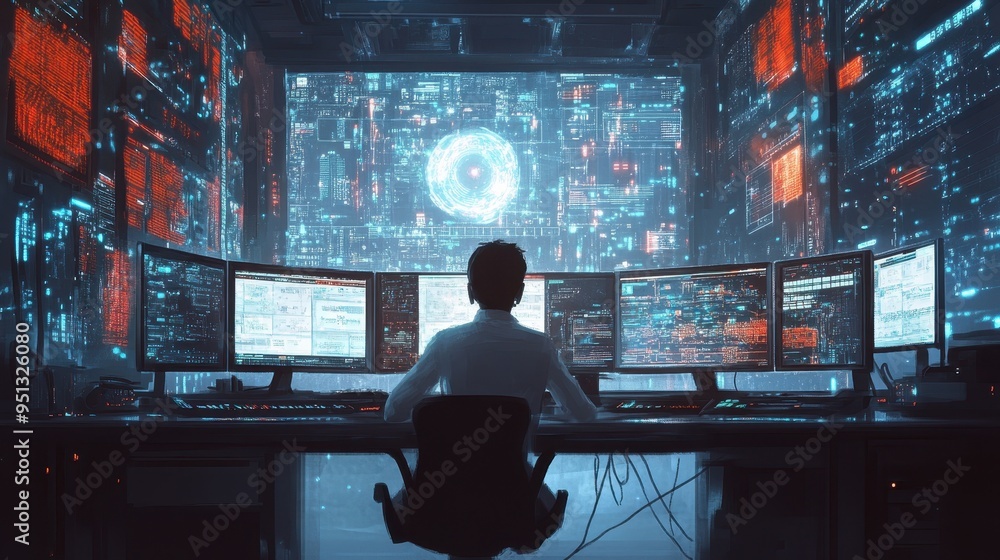 Futuristic Digital Control Center with Holographic Interface Futuristic Digital Control Center with Holographic Interface
