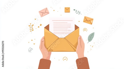 Someone Opening an Envelope with Letter and Email Icons on a White Background. photo