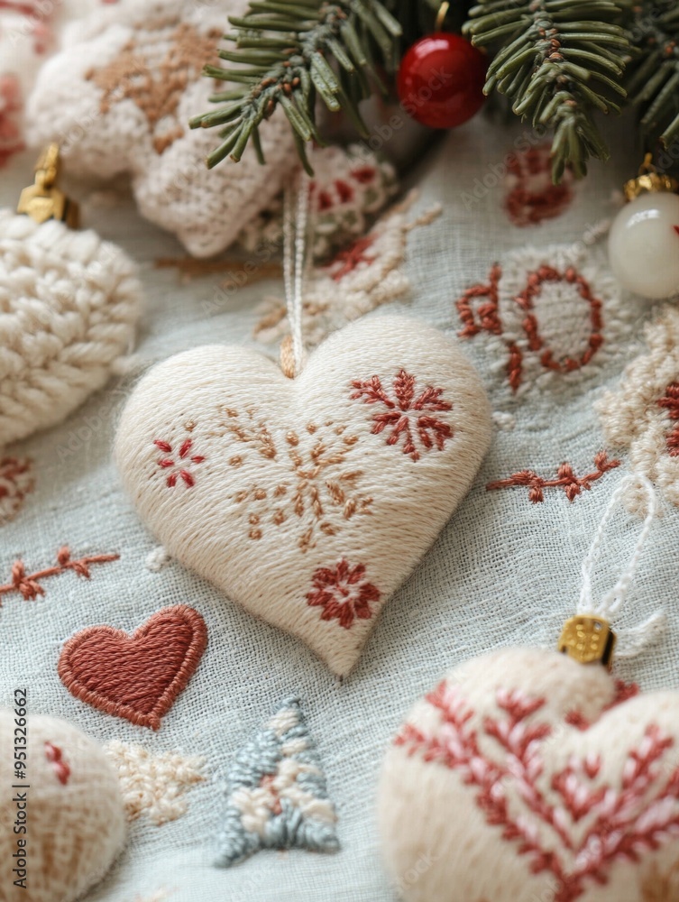 Fototapeta premium Handmade heart-shaped Christmas ornaments with intricate embroidery, adding a personal touch to holiday decorations.