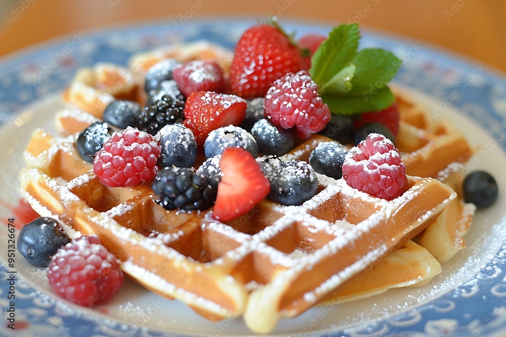 Belgian waffles with fresh berries on a wooden background Belgian waffles with fresh berries on a wooden background