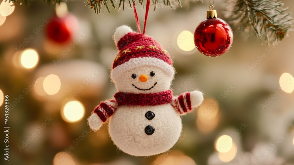 Cute knitted snowman ornament with a red Santa hat and scarf, hanging on a decorated Christmas tree. Cute knitted snowman ornament with a red Santa hat and scarf, hanging on a decorated Christmas tree.