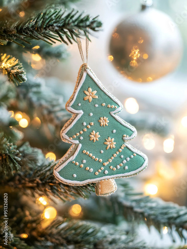 Embroidered Christmas tree ornament with colorful threads hanging on a Christmas tree, showcasing handmade craftsmanship.