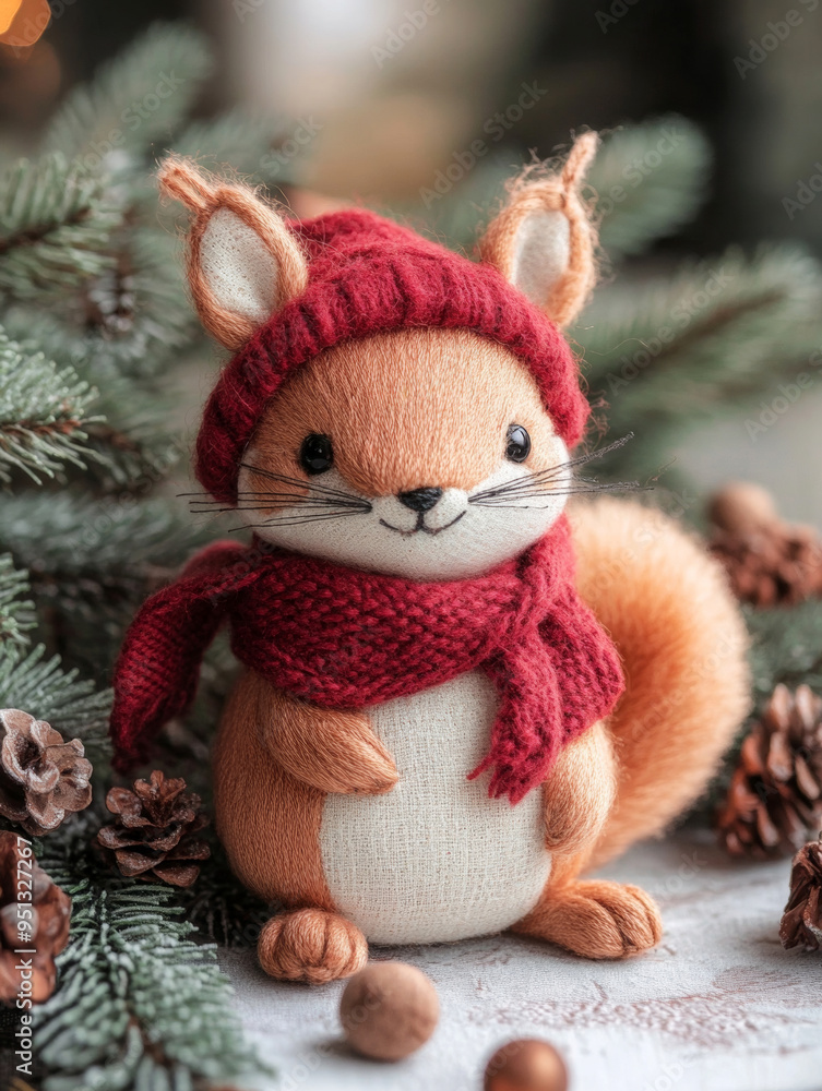 Fototapeta premium Cute squirrel holding a berry, perched on a snowy pine branch, surrounded by festive holiday decorations and a serene winter landscape.