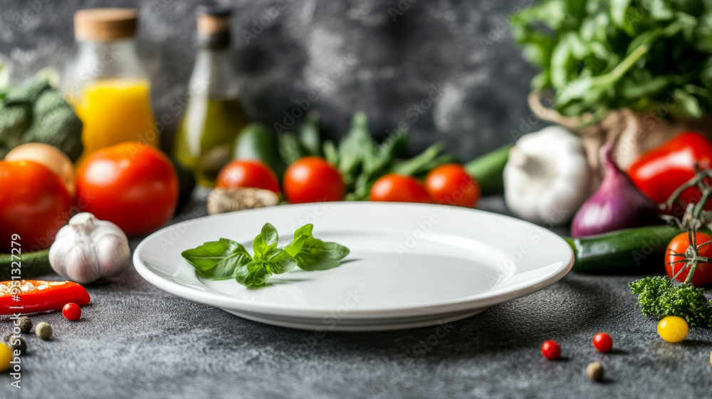 Empty white plate top view around vegetables Empty white plate top view around vegetables