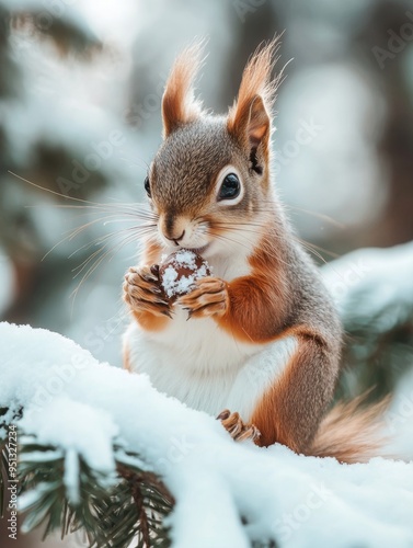 Cute squirrel holding a berry, perched on a snowy pine branch, surrounded by festive holiday decorations and a serene winter landscape.