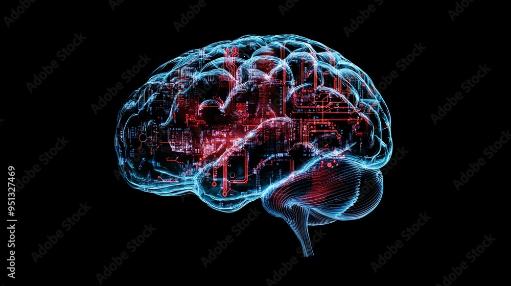 Human brain outline fused with semiconductor designs in a striking double exposure, human semiconductor, neural tech Human brain outline fused with semiconductor designs in a striking double exposure, human semiconductor, neural tech