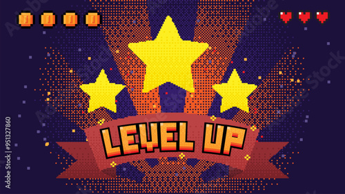 LEVEL UP  text with gold coin ,with pixel stars, life hearts indicator on blue background.pixel art .8 bit game.retro game. for game assets in vector illustrations.	