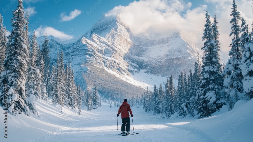 Majestic Snow-Capped Mountains and Skier in Winter Wonderland Majestic Snow-Capped Mountains and Skier in Winter Wonderland