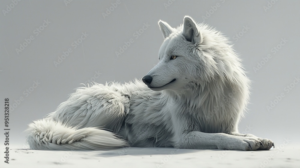 Obraz premium A white wolf sitting on floor with white background
