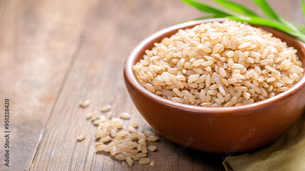 Close-up of a bowl filled with brown rice on a rustic wooden table, highlighting its natural texture and earthy tones. Close-up of a bowl filled with brown rice on a rustic wooden table, highlighting its natural texture and earthy tones.