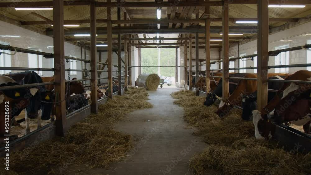 Wide dolly no people shot of interior of cow shed at family dairy farm, with cows standing in pens, chained to railings, chewing on hay Wide dolly no people shot of interior of cow shed at family dairy farm, with cows standing in pens, chained to railings, chewing on hay