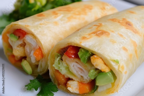 Delicious freshly made wraps filled with colorful vegetables and chicken, perfect for a healthy meal or snack.