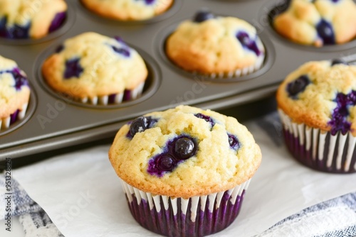 Freshly baked blueberry muffin in a pan, perfect for breakfast or a sweet treat. Golden crust and delicious blueberries inside.