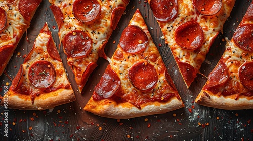 Repeatable pattern of triangle slices of pepperoni. Endless background with cut pieces of pizza with different filling, sauce. Traditional Italian food, cuisine. Flat seamless vector illustration