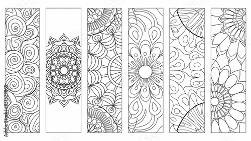 set of bookmarks, mandala pattern line drawing coloring page , isolated on white background 