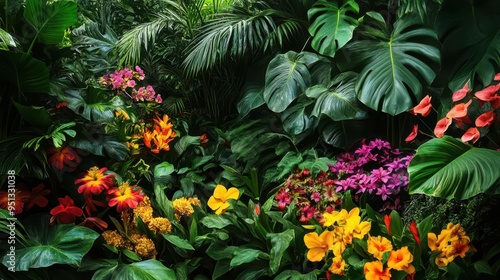 Lush Tropical Garden with Vibrant Flowers