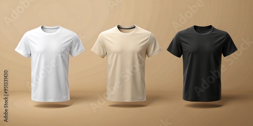 Assorted blank white and black t-shirt templates against a neutral background, showcasing various folding styles and angles for easy product design and visualization. photo