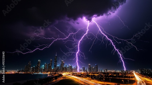 Dramatic lightning strikes illuminate a city skyline at night, creating a breathtaking view of nature's power and urban beauty.