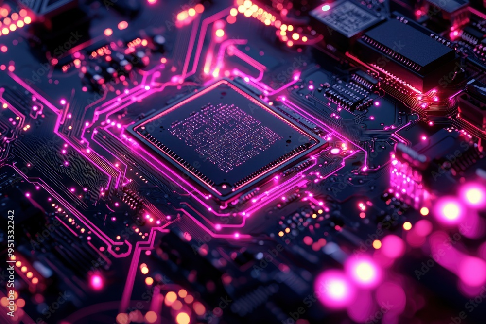 Obraz premium Close-up of a circuit board with glowing pink lines and a black processor chip