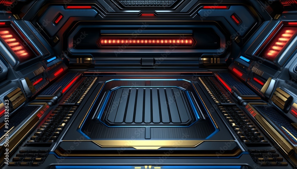 Futuristic Sci-Fi Interior with Black, Gold, and Blue Accents Futuristic Sci-Fi Interior with Black, Gold, and Blue Accents