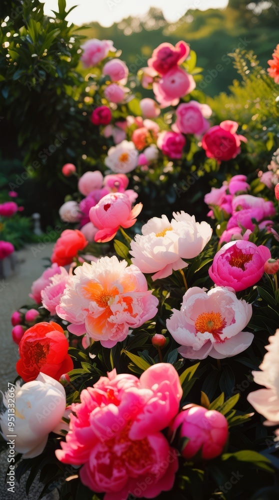 of a lush peonies garden, bathed in warm, soft natural light, with an array of vivid and beautiful flowers
of a lush peonies garden, bathed in warm, soft natural light, with an array of vivid and beautiful flowers